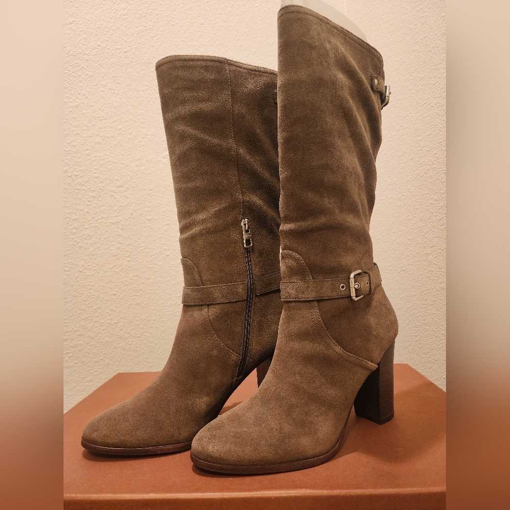 Coach 8.5 Suede Mid-Calf Heeled Boots, Fatigue (brown) - Excellent Condition